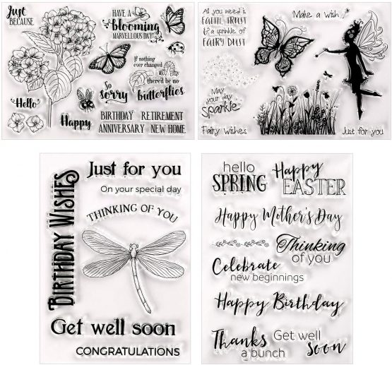 4 Pieces Clear Stamps Summer Silicone Stamp Cards with Flower, Butterfly, Dragonfly, Greeting Words Pattern for Card Making Decoration and DIY Scrapbooking Embossing Album Decor Craft