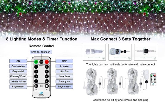 Ollny Outdoor Net Lights Garden Mesh Lights,200 Led 3m x 2m Fairy Light Net Lights Mains Powered Cool Whtie Net Lights with Remote & Timer for Indoor Curtain Bedroom Christmas Holiday Yard Decorations - Image 4