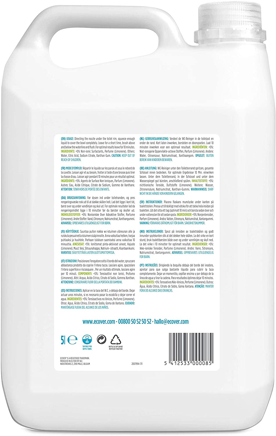 Ecover Toilet Cleaner Refill, Removes Limescale Leaving a Sparkling Clean, Fresh Pine & Mint Scent, 1 x 5L - Image 2