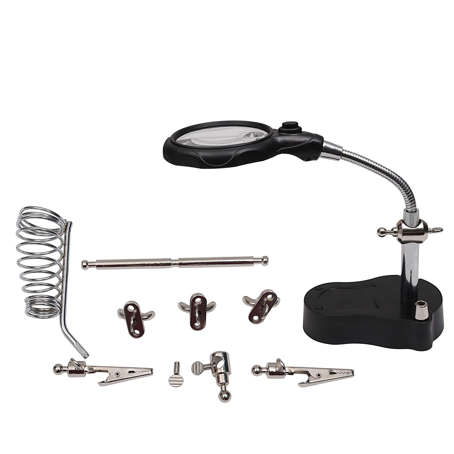 Kurtzy Helping Hands Stand with LED Light, Magnifying Glass & Soldering Iron Holder, 3.5X/12x Magnifier Lens - Image 3