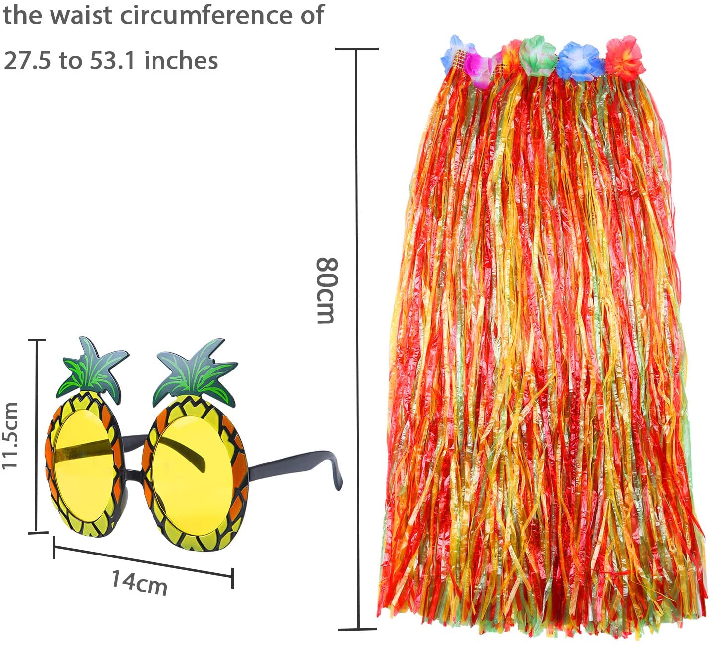 ELCOHO 8 Pieces Large Colorful Hawaiian Hula Grass Skirt Sunglasses Leis Necklace Bracelet Set (Colorful) - Image 3