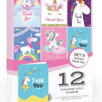 12 x Bright Unicorn Thank You Cards by Olivia Samuel - Folding Style Multipack - Set 5 (Unicorn Collection) with Envelopes