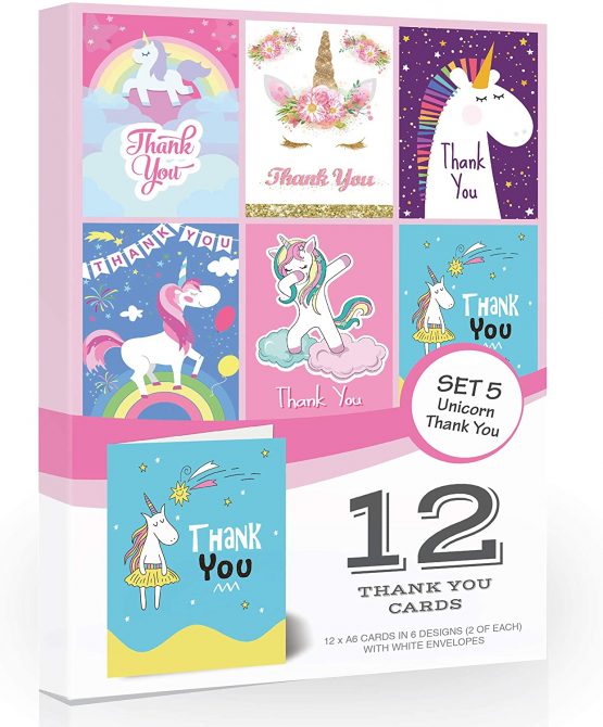 12 x Bright Unicorn Thank You Cards by Olivia Samuel Set 5 Unicorn Collection with Envelopes Folding Style Multipack