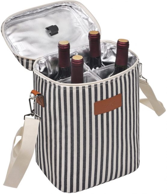 Kato Tirrinia Insulated Wine Cooler Bag - 4 Bottle Travel Padded Wine Carrier Tote with Handle and Adjustable Shoulder Strap, Great Wine Lover Gift, Striped
