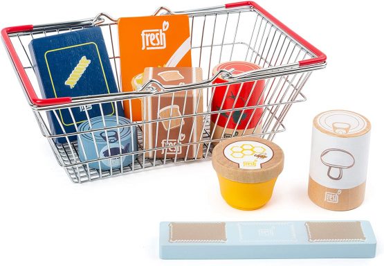 Small Foot 11443 Groceries Shopping Basket Fresh Made of Wood, Set as Accessory for Children's Kitchens and Play Stores Toys, Multicolored