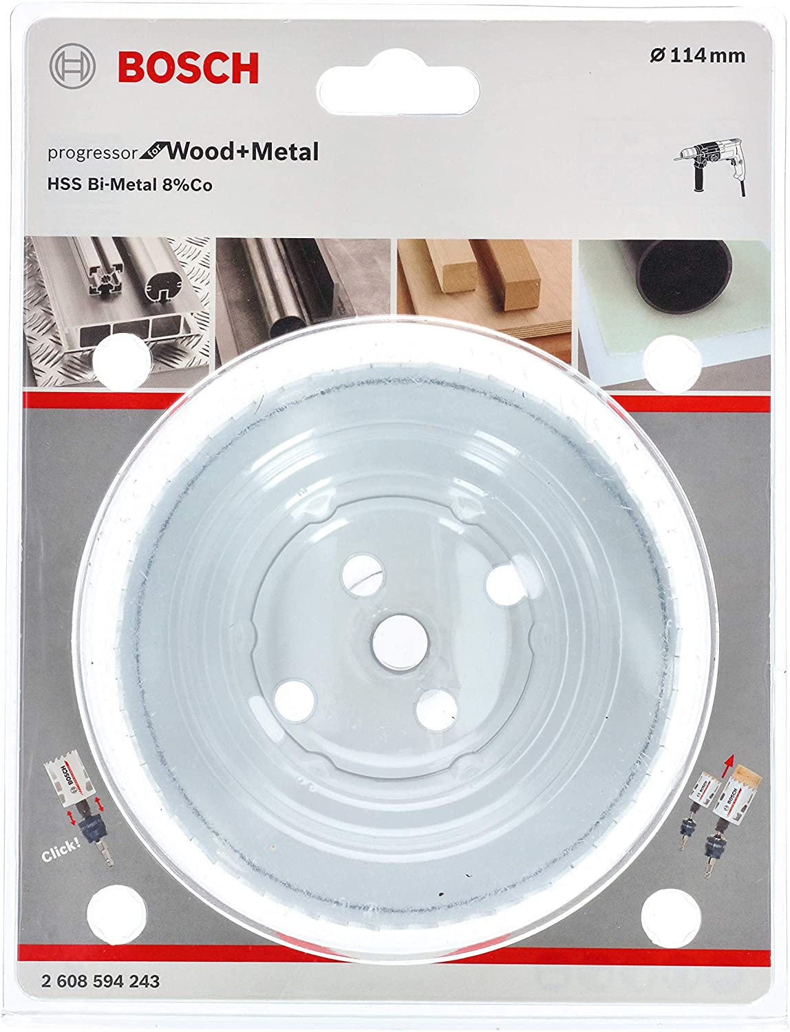 BOSCH Bi-Metal Hole Saw (for Wood and Metals 8% Cobalt Alloy, Progressive Tooth Design, diameter 114 mm, Accessory Drills)