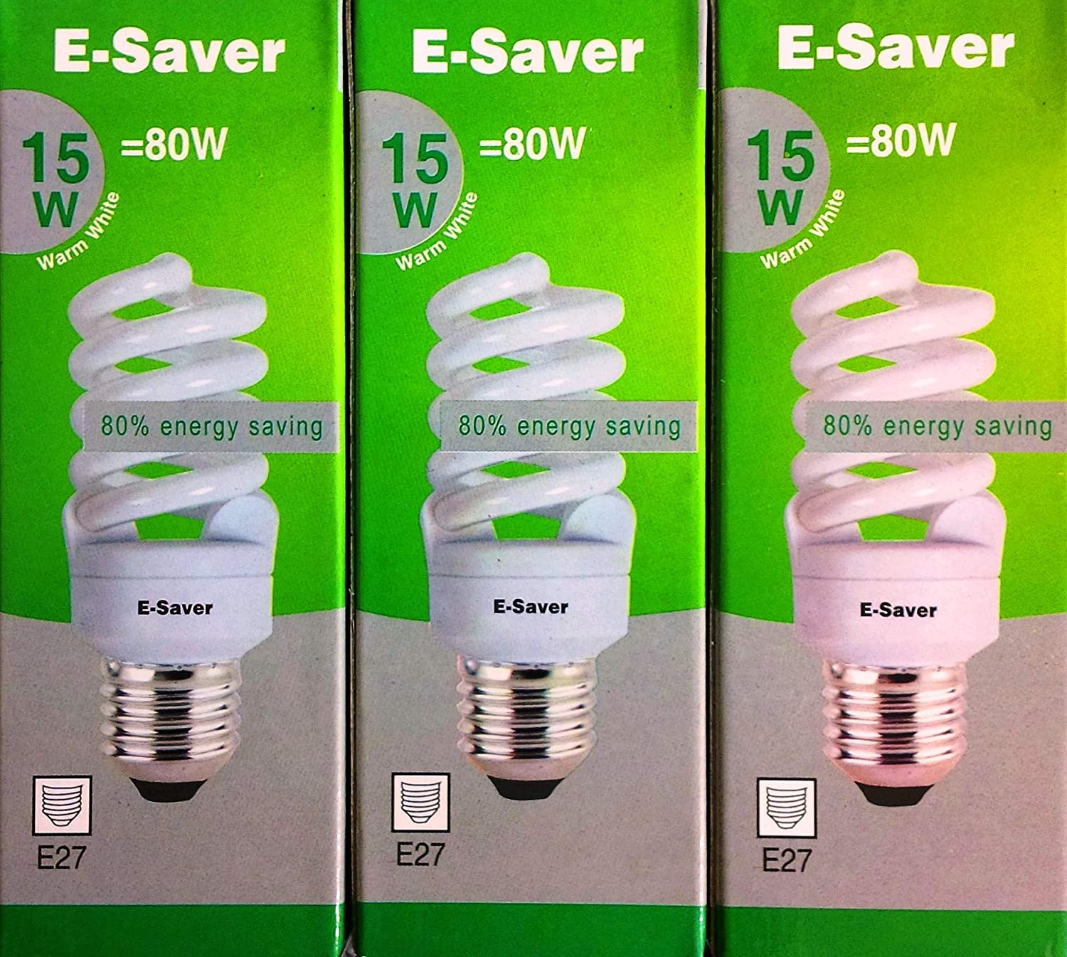 E-Saver, CFL Full Spiral, Energy Saving Light Bulbs -15w = 80 Watt, (Pack of 3), Warm White 2700k, Screw in Cap