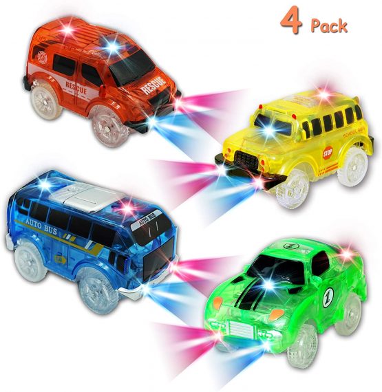 Track Cars for Kids, 4 Pack Replacement Track Cars Compatible with most Tracks Glow in the Dark, Toy Cars with 5 Flashing LED Lights for Most Race Tracks Light Up Toy Cars Track Car for Ages 3 4 Kids