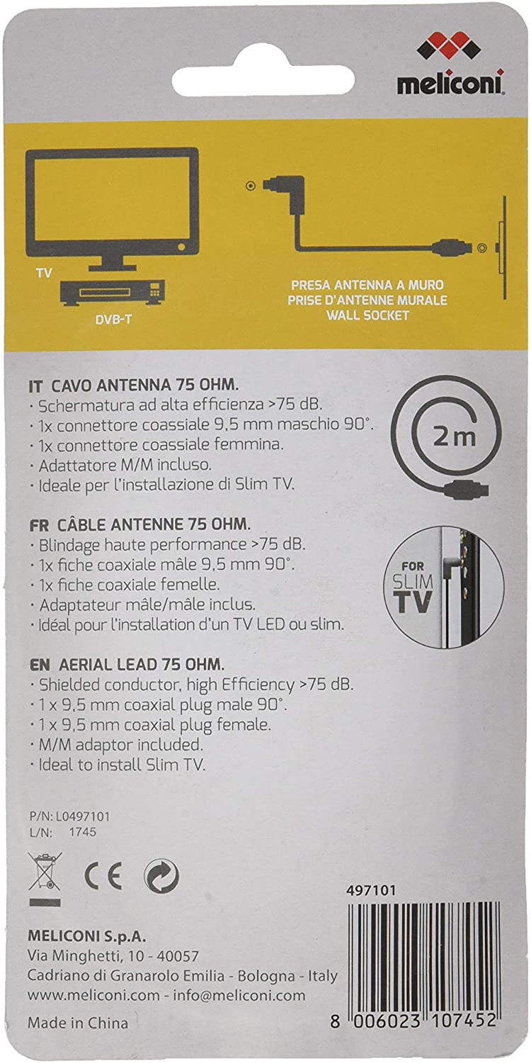 Meliconi Coaxial Aerial Cable Plug 90° Adapter M/M Included 2M, White, No - Image 2
