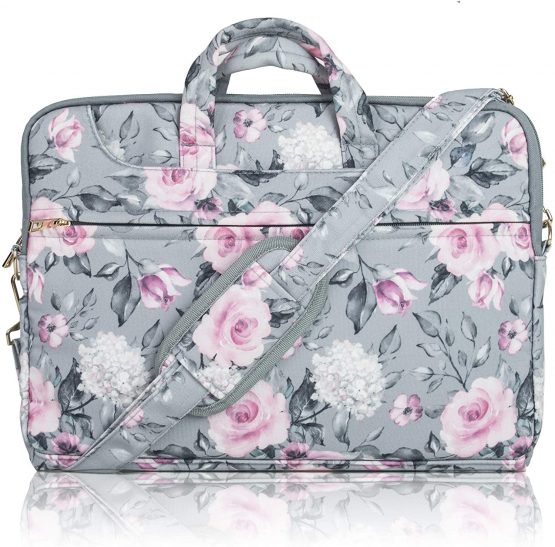 TaylorHe 15.6 inch 15 inch 16 inch Poly Canvas Laptop Shoulder Bag with Patterns, Side Pockets Handles and Detachable Strap Elegant Vintage Roses