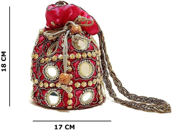 Purpledip Potli Bag (Clutch, Drawstring Purse) For Women With Intricate Gold Thread & Sequin Embroidery Work (Maroon Color,11268) - Image 2