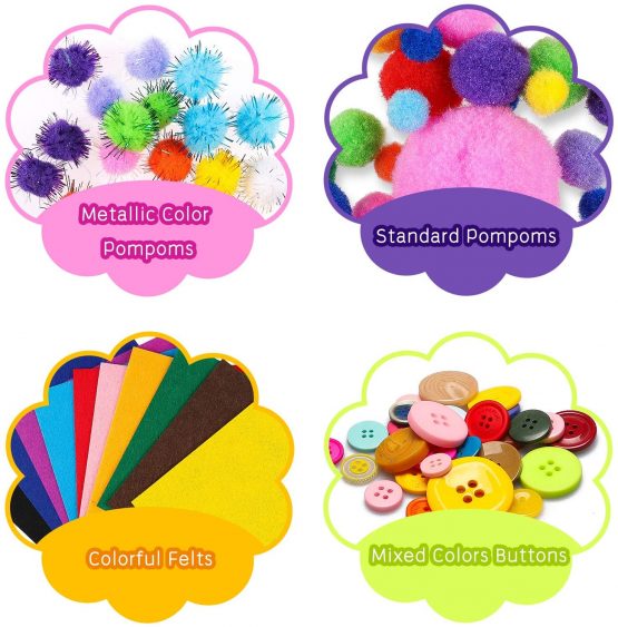 WATINC 1000Pcs DIY Art Craft Sets Supplies for Kids Toddlers Modern Kid Crafting Supplies Kits Include Pipe Cleaners, Colour Felt, Glitter Pom Poms, Feather, Buttons, Sequins - Image 2