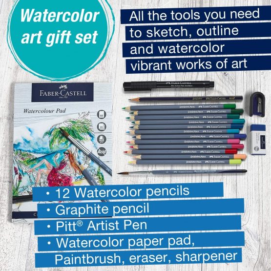 Faber-Castell Goldfaber Aqua 114614 Watercolour Pencils Gift Set 12 Colouring Pencils Including Fineliner, Pencil, Watercolour Pad, Sharpener, Eraser And Watercolour Brush - Image 2