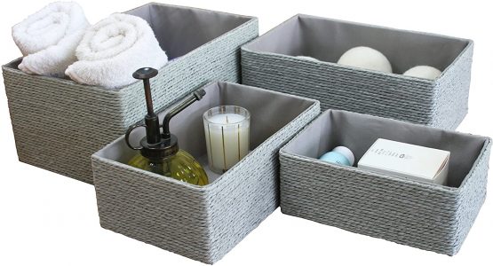 La Jolíe Muse Storage Baskets Set 4 - Bathroom Woven Basket Paper Storage Bin, Storage Boxes for Makeup Closet Bathroom Bedroom Living Room, Grey