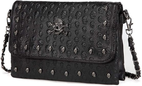 Chikencall Womens Punk Skull Print Crossbody Bag PU Leather Gothic Skull Shoulder Bag Purse with Chain
