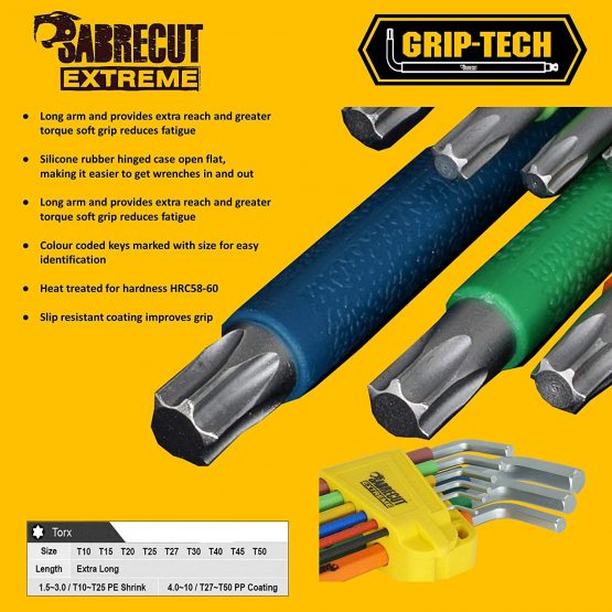 9 Piece SabreCut SCTX009S Soft Grip Extra Long Torx Key Set with Colour Coding - Sizes T10-T50 - Image 4