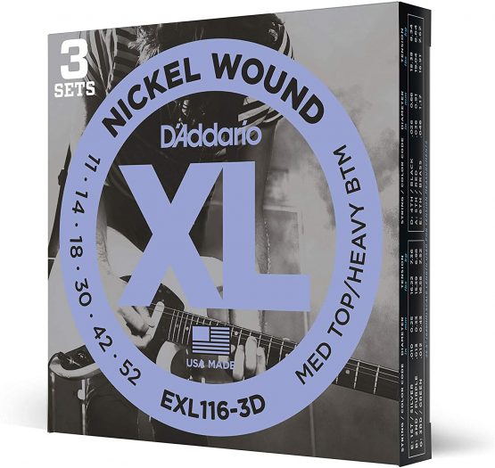 D'Addario EXL116-3D Nickel Wound Electric Guitar Strings, Medium Top/Heavy Bottom, 11-52, 3 Sets