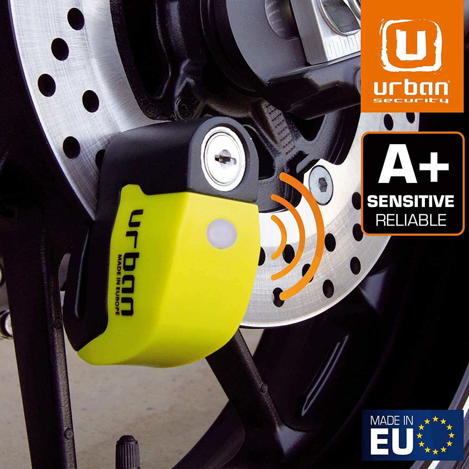 URBAN UR6 Hi-Tech Motorcycle Disc Lock with Smart Alarm, Black and Yellow, 6mm - Image 2