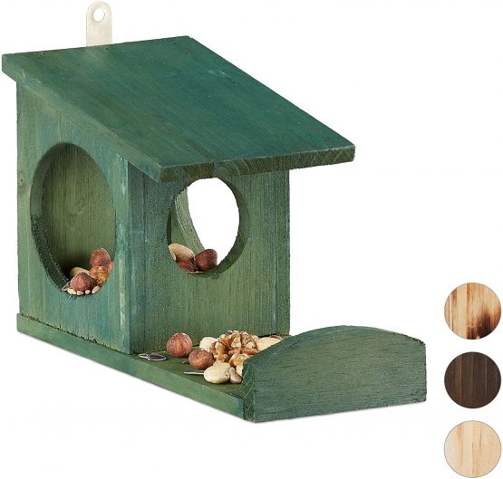 Relaxdays Squirrel Feeder House, Feeding Station Box, Hanging, Wooden, HWD: 17.5 x 14 x 25 cm, Dark Green, Fir wood, Pack of 1