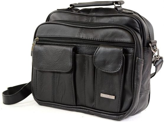 Ladies Mens Real Leather Travel Flight Shoulder Cross Body Organiser Handbag Bag (Black)