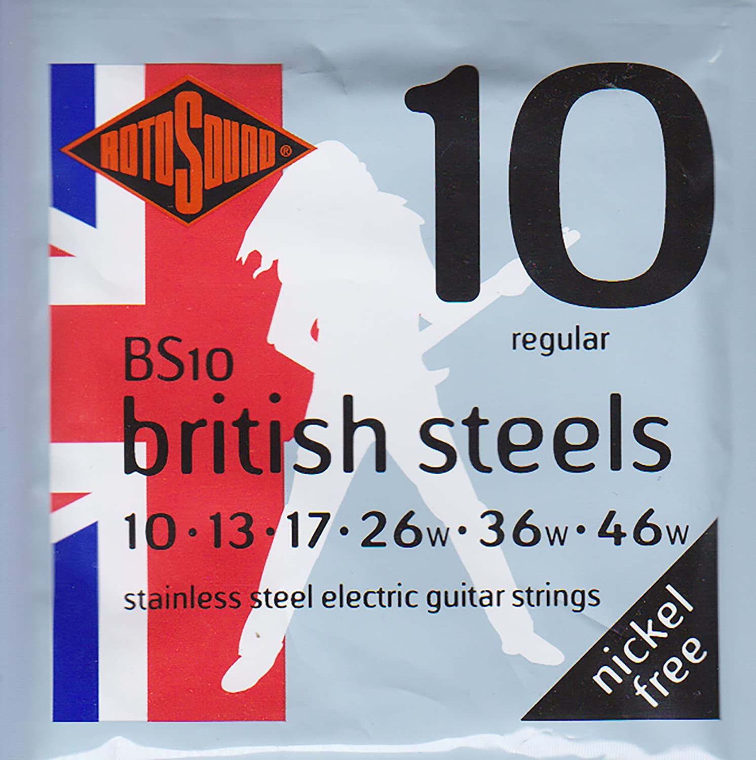 Rotosound Stainless Steel Regular Gauge Electric Guitar Strings (10 13 17 26 36 46), White Black Red Blue, Set Regular 10-46 BS10