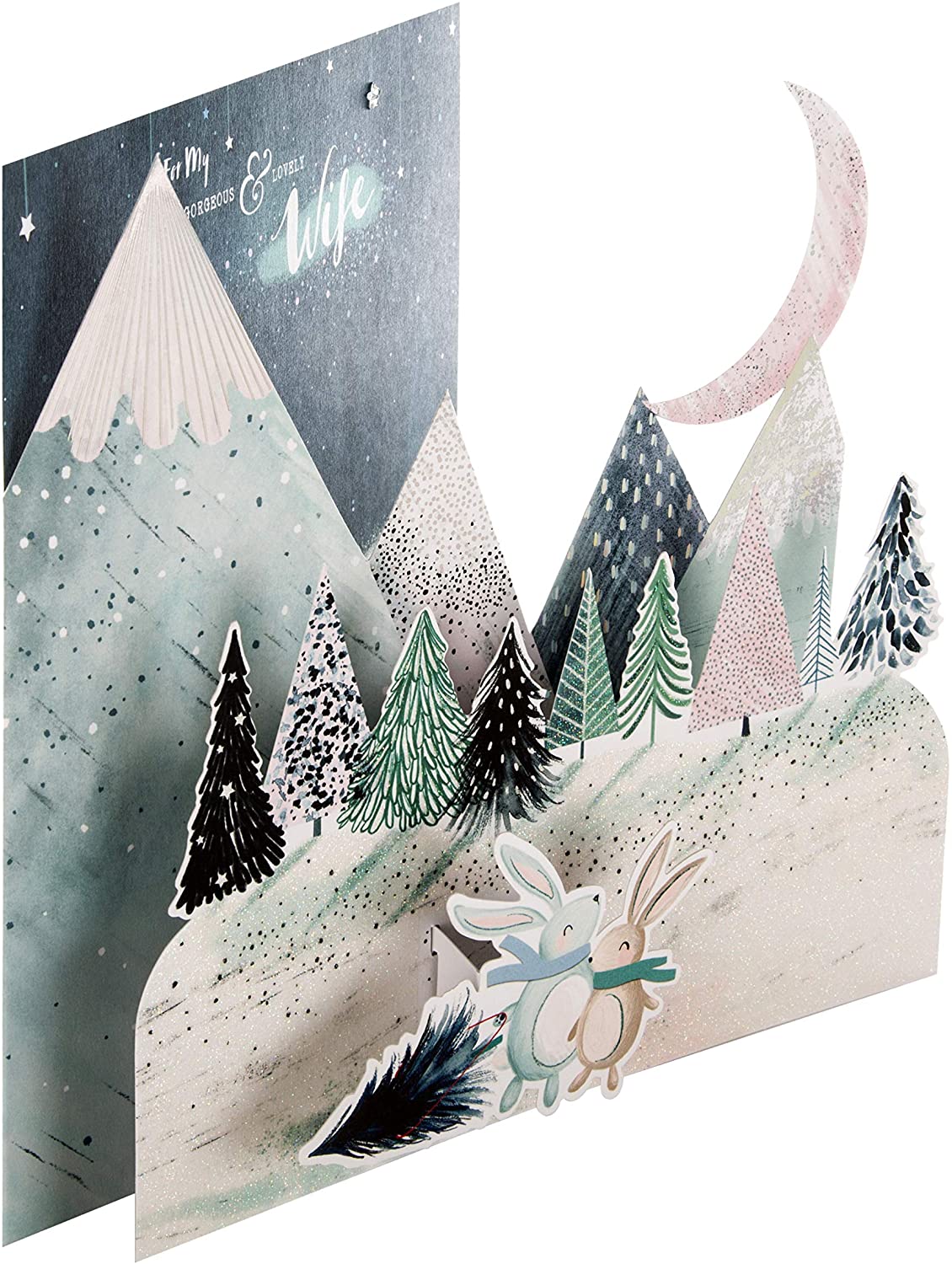 Hallmark Christmas Card for Wife - Cute 3D Fold-Out Rabbits Design, Blue, Green & White, 22 cm by 22 cm - Image 3