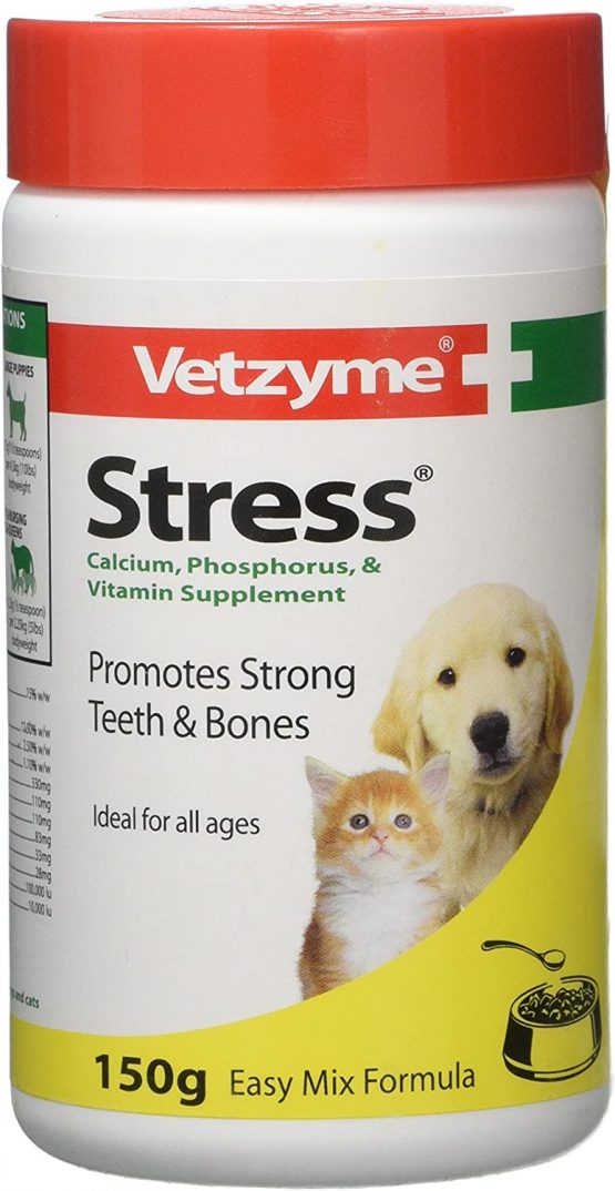 Vetzyme | Stress Powder for Dogs & Cats, Promotes Strong Teeth and Bones | Balanced Multi-Mineral and Vitamin Supplement | Easy Mix formula (150 g)