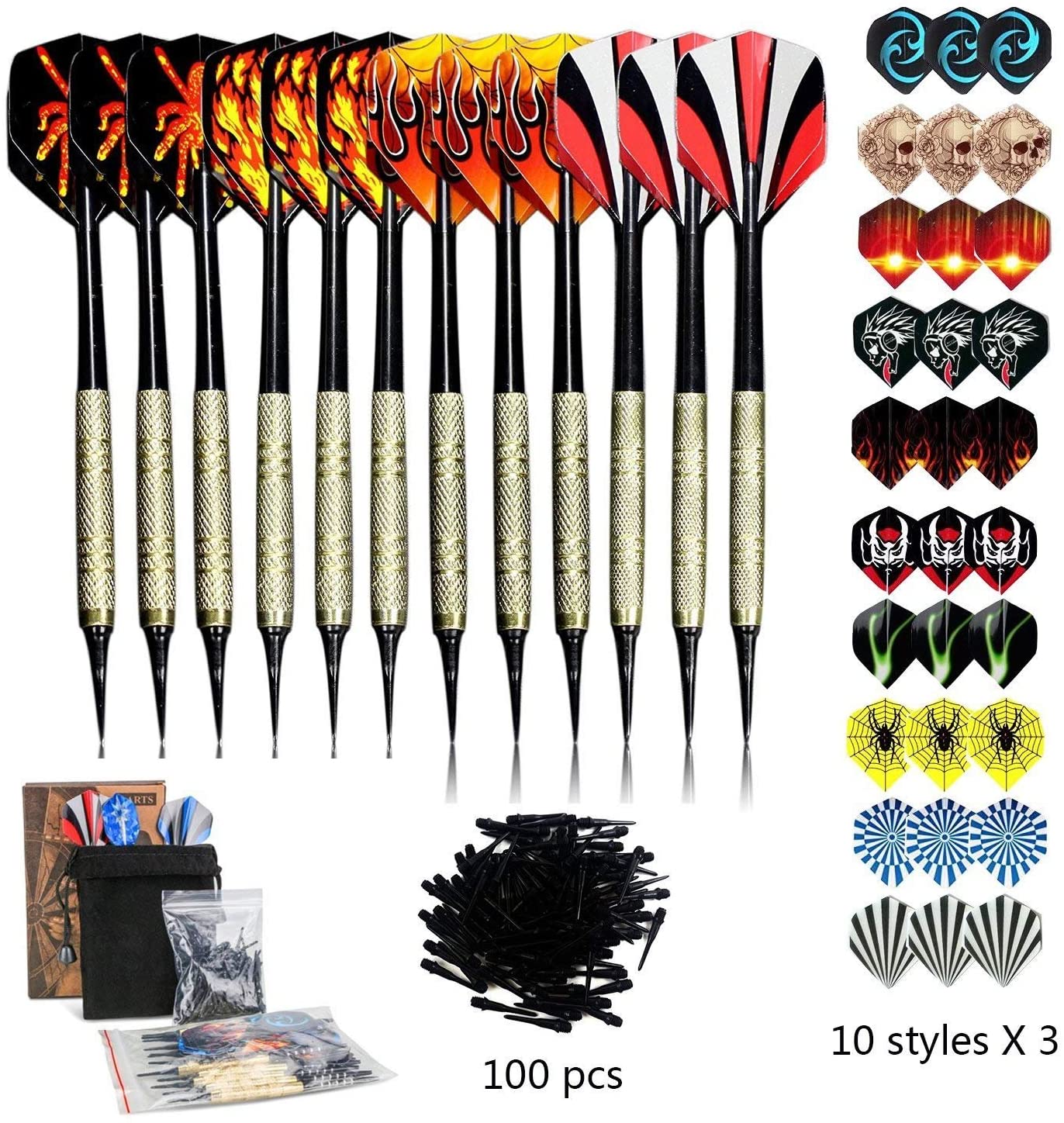 Sinwind Darts Set, 12 Pcs Soft Tip Darts with Brass-plated Steel Barrels