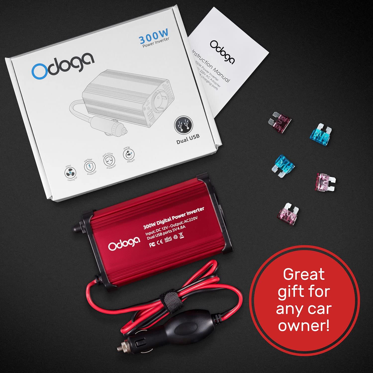 Odoga 300W Car Power Inverter 12V to 240V / 230V Converter, USB-A and USB-C 3A Charging Ports, Charge Your Laptop, iPad - Image 3