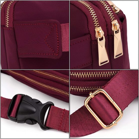 UTO Unisex Waist Pack Cross Body Chest Bag 3 Zipper Pockets Waterproof Nylon Red - Image 4