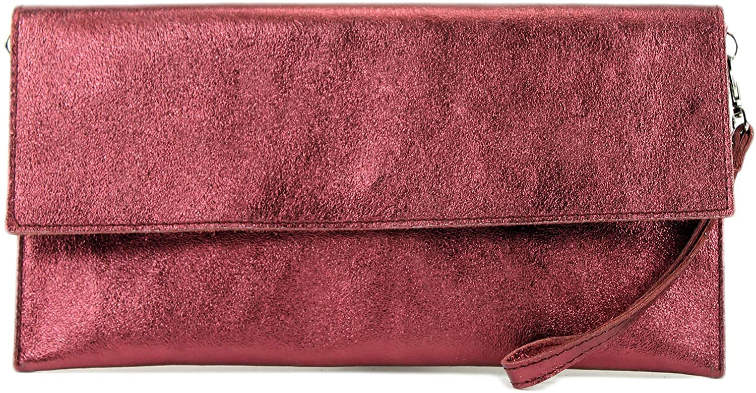 Modamoda de - ital. Leather Bag Clutch Underarm Bag Evening Bag Leather Metallic M106-151, Colour:M151 Dark Red Metallic