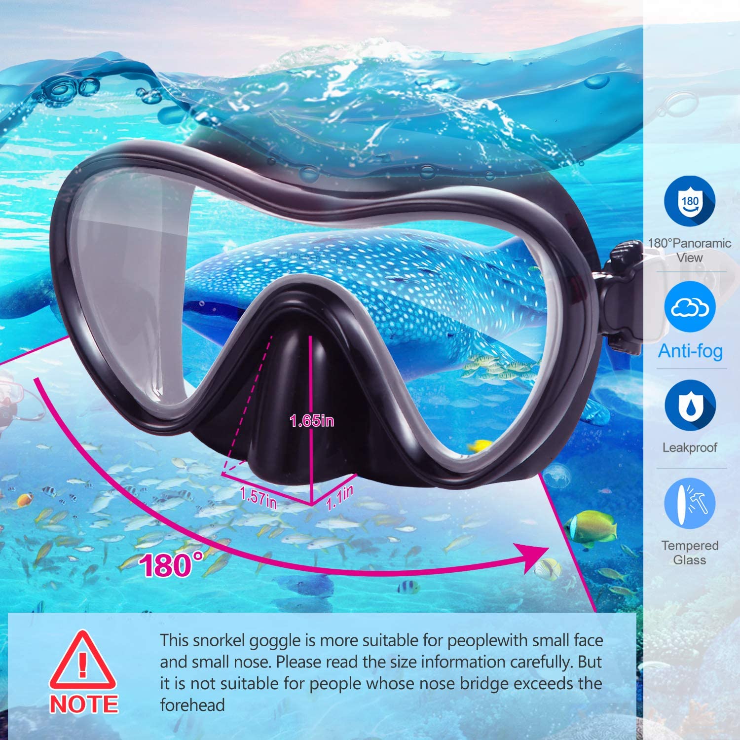 Supertrip Snorkeling Freediving Mask Adult Anti-Fog Film Tempered Glass Panoramic Scuba Diving Goggles 