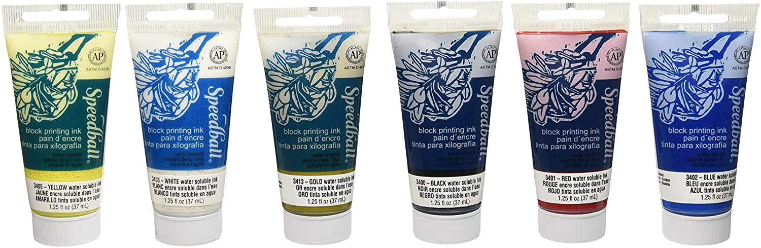 Speedball Water-Soluble Block Printing Ink Starter Set, 6 Bold Colors with Satiny Finish, 1.25-Ounce Tubes