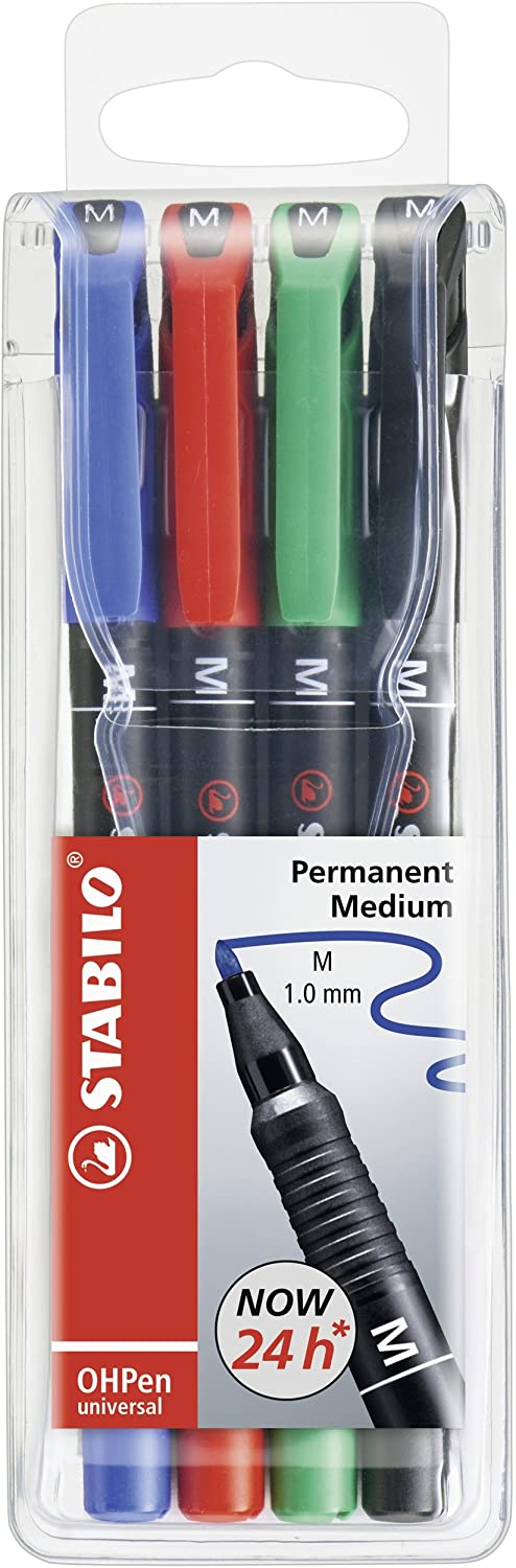 STABILO OHP Pen OHP Pen Permanent - Medium - Wallet of 4 - Assorted Colours, Medium Wallet of 4 Assorted Colours, 1 count (Pack of 4)