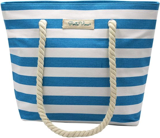 PortoVino Beach Wine Tote (Turquoise/White) - Beach Bag With Hidden, Insulated Compartment, Holds 2 Bottles Of Wine! - Image 2