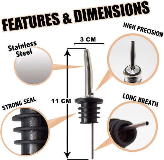 Oak & Steel - 12 Universal Stainless Steel Spirit Bottle Pourers with Rubber Seal - Image 3