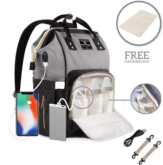 ComfyDegree Baby Changing Bag Backpack Waterproof Multi-Function Large Capacity Diaper Bag Rucksack with USB Port, Stroller Straps & Insulated Bottle Warmer Pockets for Mom and Dad (Black-Gray) - Image 2