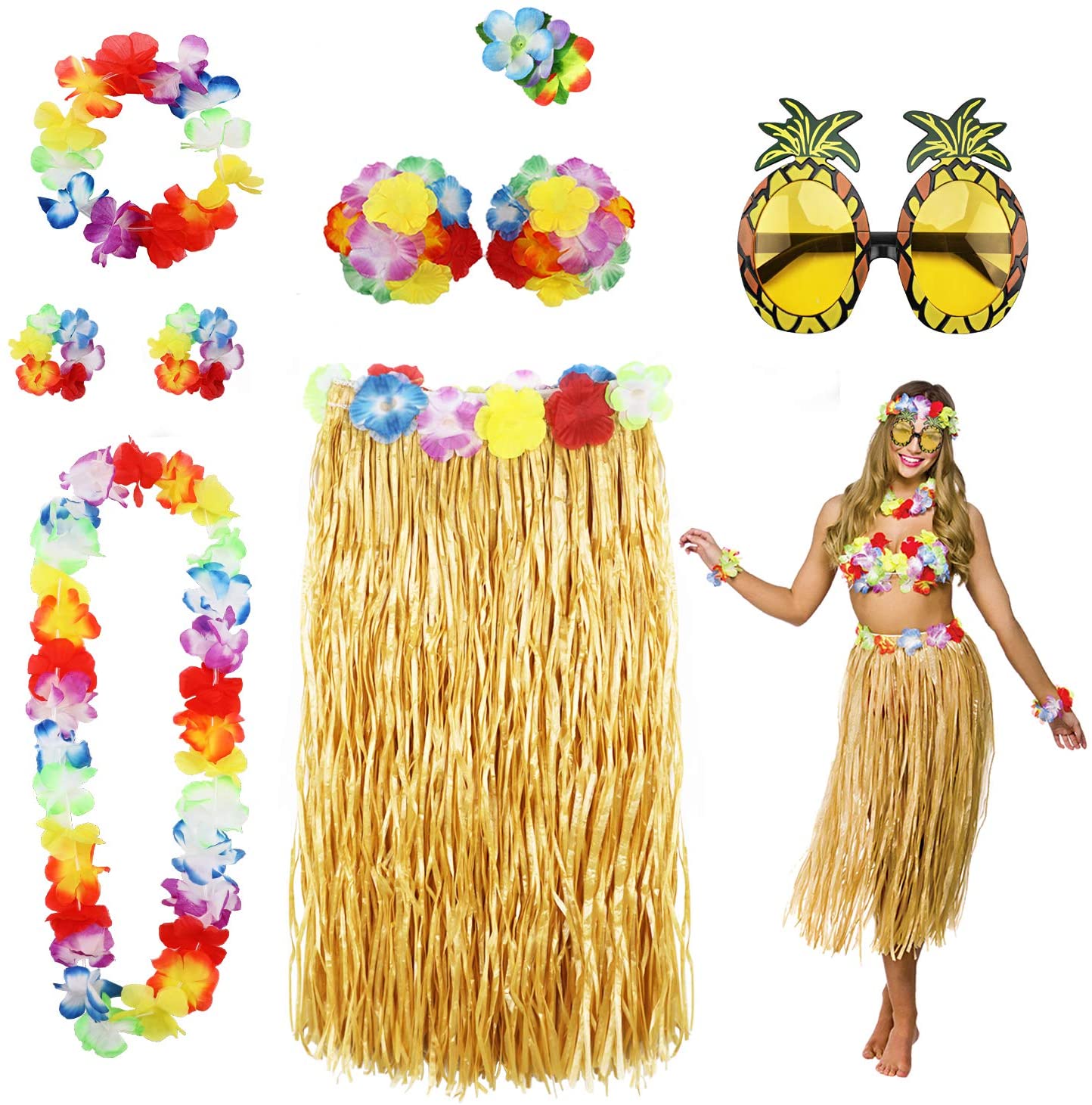PHOGARY 8PCS Hula Skirt Costume Accessory Kit for Hawaii Luau Party, Dancing Hula Kula with Flower Bikini Top, Hawaiian Lei
