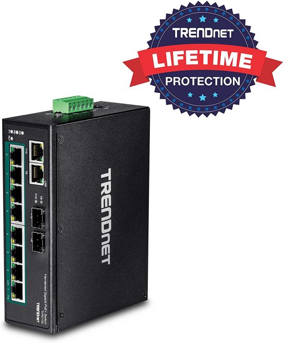 TRENDnet 10-Port , TI-PG102, 8 x Gigabit PoE+ Ports, DIN-Rail Mount, 2 x SFP Slots, 240 W PoE Power Budget, Network Switch, IP30, VLAN, QoS