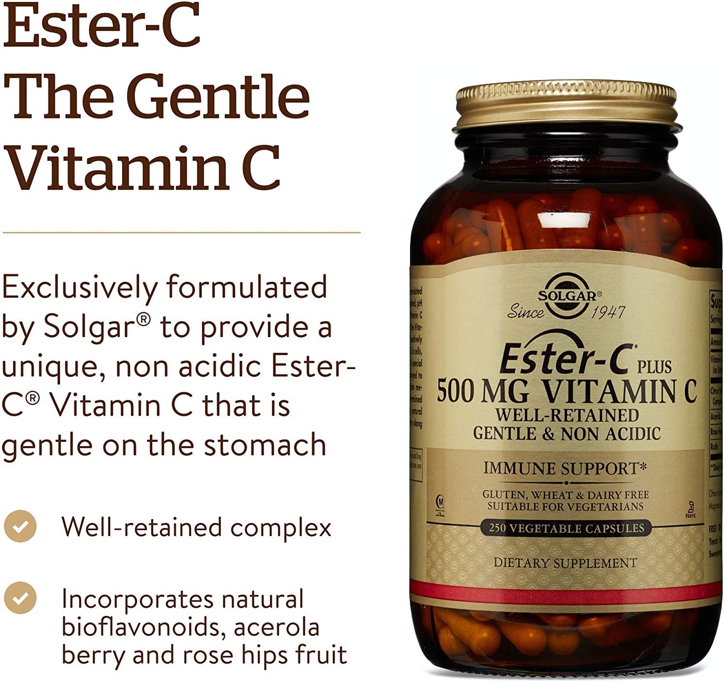 Solgar Ester-C Plus 500 mg Vitamin C Vegetable Capsules, Food Supplement, Pack of 250, Immune System Support - Image 4