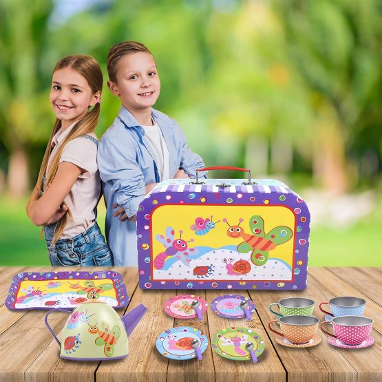 SOKA Little Bugs Metal Tin Teapot Set with Carry Case Toy for Kids - 18 Pcs Illustrated Colourful Design Toy Tea Party Set for Boys and Girls Pretend Role Play - Image 2