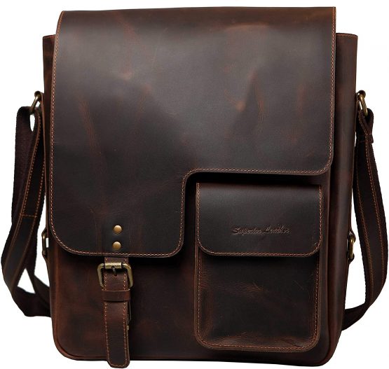 Superior Leather - Men's Leather Messenger Shoulder Bag Business Retro Crazy Horse Leather Crossbody Bag Brown SLG-33