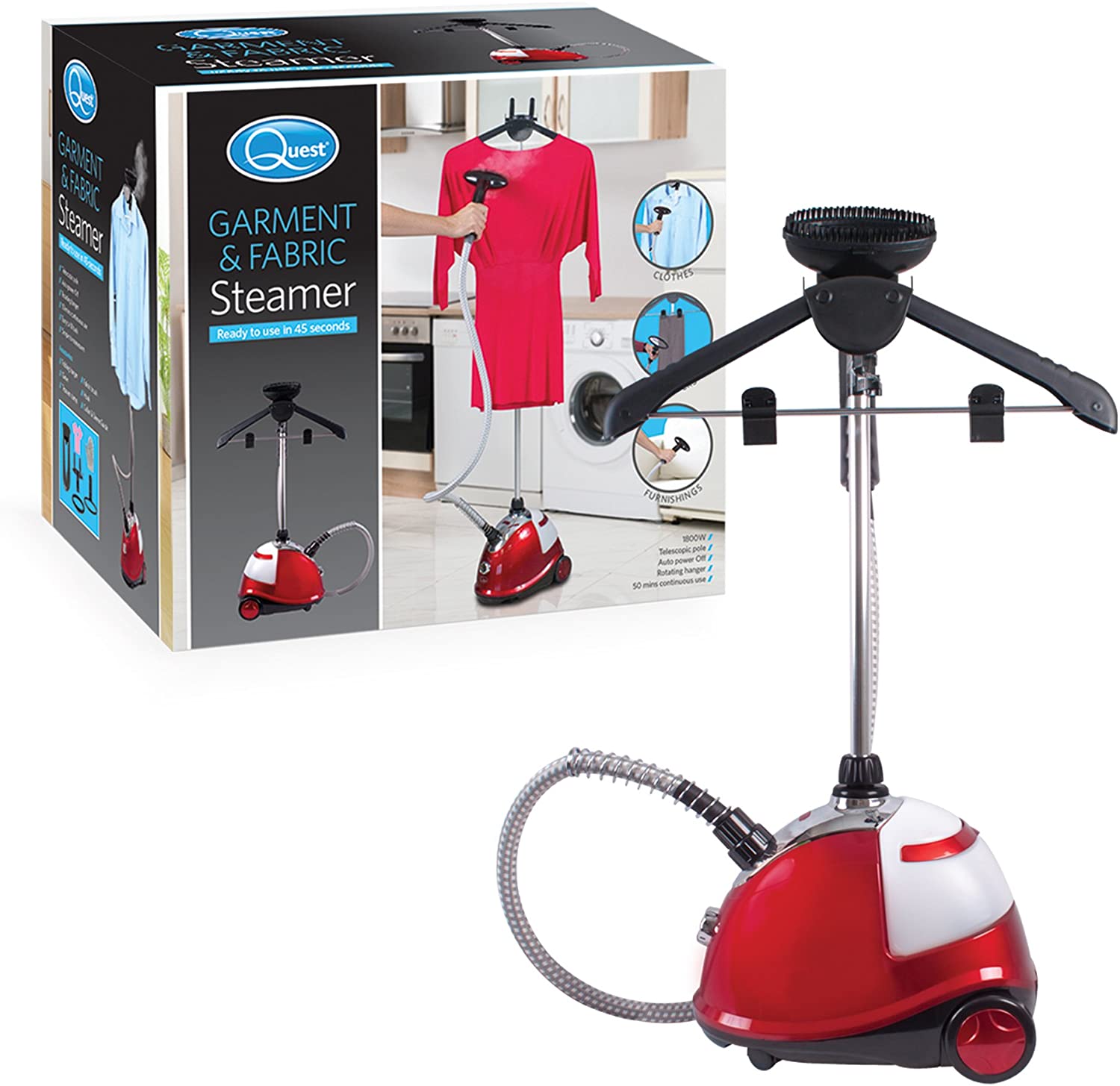 Quest 42320 Upright Garment and Fabric Steamer/Fast Heating Clothes Steamer/Removes Creases & Wrinkles / 1.8L Tank/Clothes