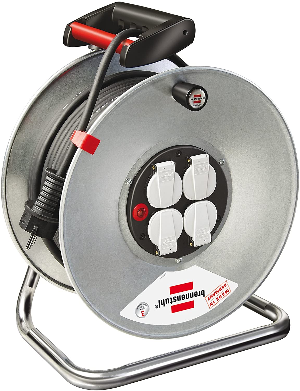 Brennenstuhl Garant S 4 E Cable Reel 50 m Made of Sheet Steel for Indoor Use Made in Germany Silver, Silver, Black, 50m