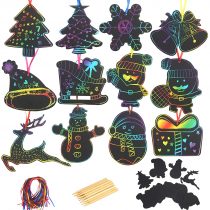 Christmas Scratch Paper, KATOOM 48pcs Magic Scratch Art Notes Paper with 12pcs Wooden Styluses and 48pcs Color Ribbons for Christmas Theme Kids Party Supplies DIY Crafts Decorations
