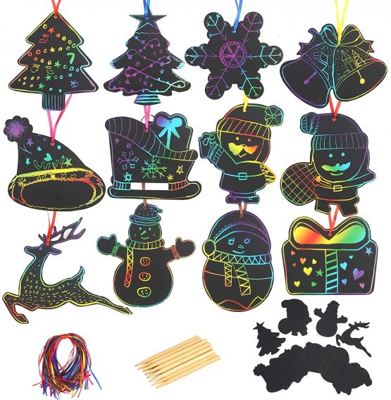 Christmas Scratch Paper, KATOOM 48pcs Magic Scratch Art Notes Paper with 12pcs Wooden Styluses and 48pcs Color Ribbons for Christmas Theme Kids Party Supplies DIY Crafts Decorations