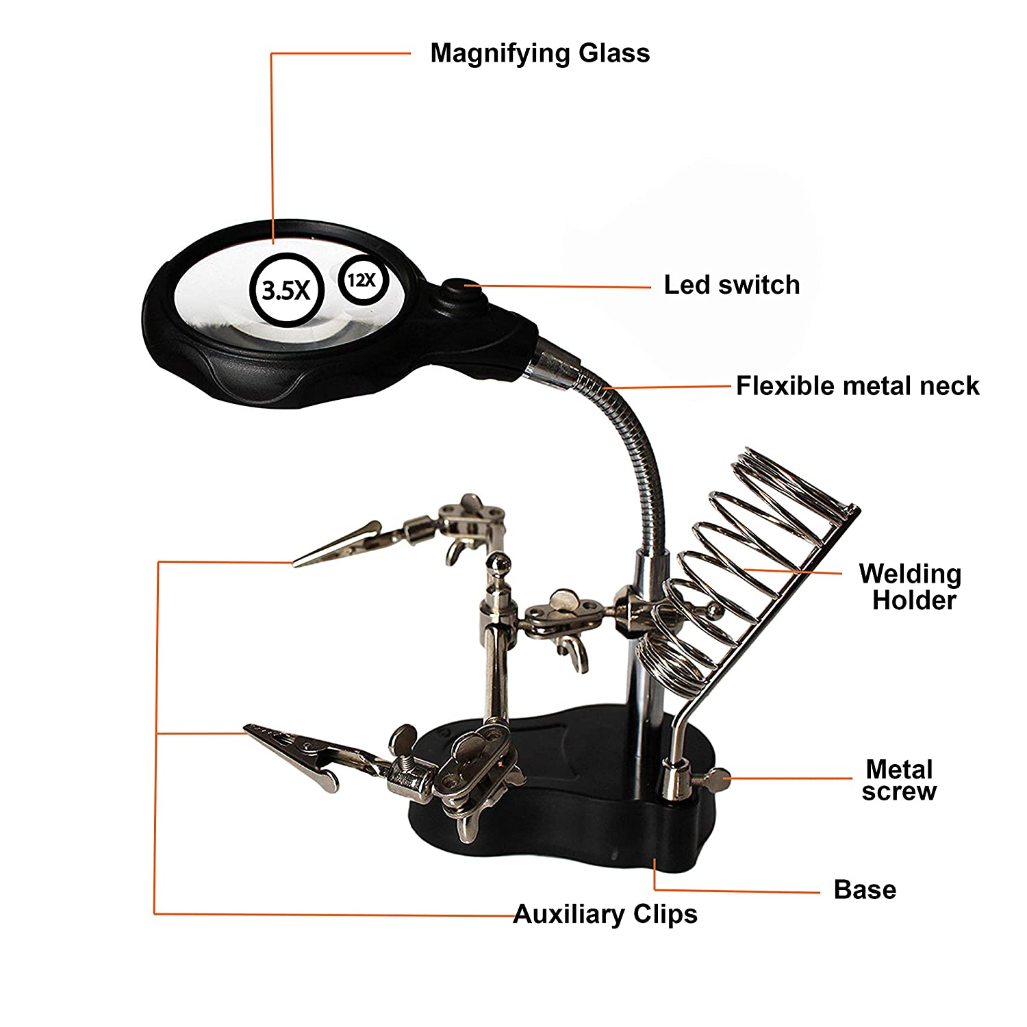 Kurtzy Helping Hands Stand with LED Light, Magnifying Glass & Soldering Iron Holder, 3.5X/12x Magnifier Lens - Image 4