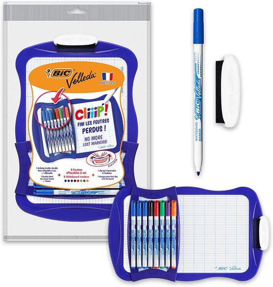 BIC Velleda Cliiip Whiteboard Set 21 x 31 cm Wiper 8 Erasable Markers Assorted Colours