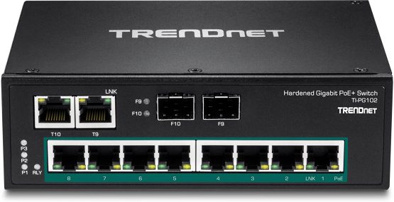 TRENDnet 10-Port , TI-PG102, 8 x Gigabit PoE+ Ports, DIN-Rail Mount, 2 x SFP Slots, 240 W PoE Power Budget, Network Switch, IP30, VLAN, QoS - Image 4