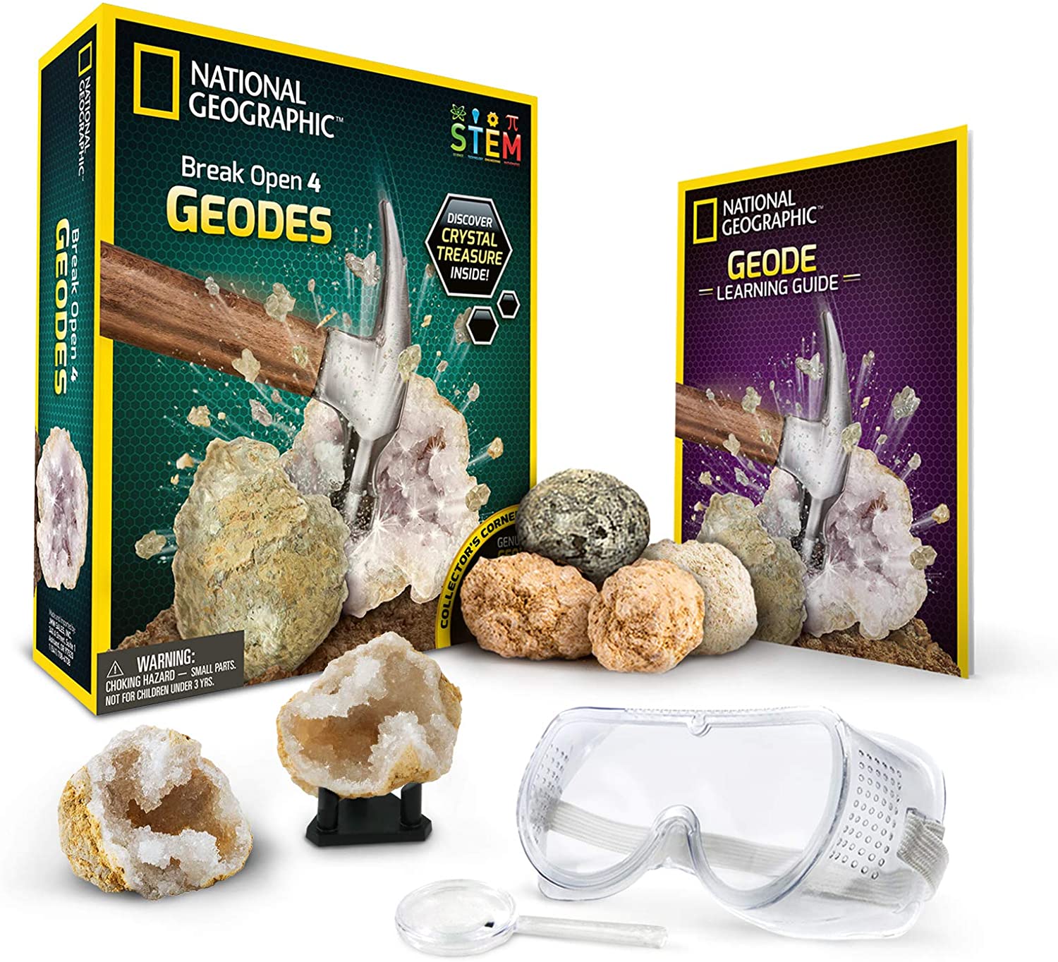 NATIONAL GEOGRAPHIC Break Open 4 Geodes Science Kit, Includes Goggles, Learning Guide, Display Stand